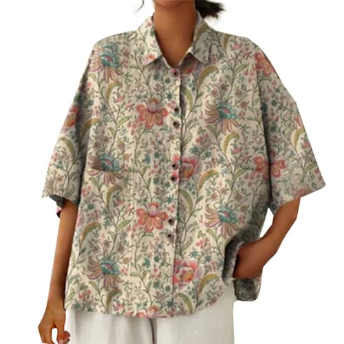 FNKDOR Leinenbluse Damen Sommerbluse Casual Lockeres Button Down Revers Halbarm Blumendruck Leinenhemd Oberteile Blusen mit Taschen (Rose Gold, XXXXXL) von FNKDOR