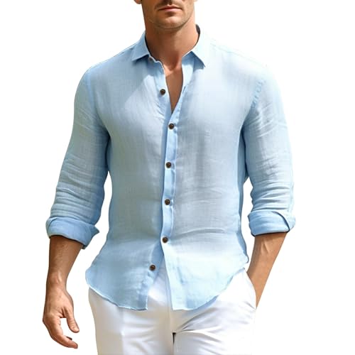 FNKDOR Leinenhemd Herren Langarm Sommerhemd Casual Slim fit Button Down Revers Leinen Hemd Freizeithemden Shirts (Light Blue, M) von FNKDOR