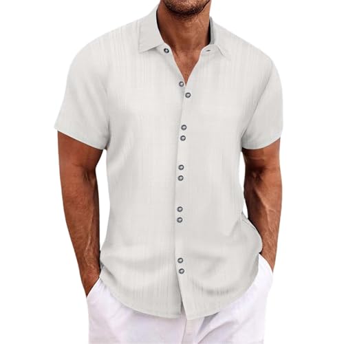 FNKDOR Leinenhemd für Herren Kurzarm Slim fit Gerippt Sommerhemd Umlegekragen Knöpfe Freizeithemd Strandhemd Leinenshirt (White, L) von FNKDOR