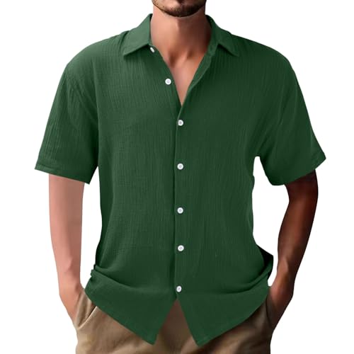 FNKDOR Leinenhemd für Herren Kurzarm Slim fit Musselin Sommerhemd Umlegekragen Knöpfe Plissee Freizeithemden Strandhemd Leinenshirt (Green, L) von FNKDOR