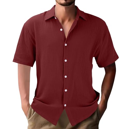 FNKDOR Leinenhemd für Herren Kurzarm Slim fit Musselin Sommerhemd Umlegekragen Knöpfe Plissee Freizeithemden Strandhemd Leinenshirt (Red, XXXL) von FNKDOR