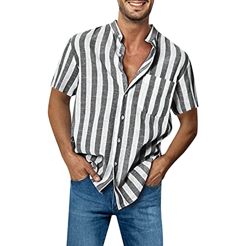 FNKDOR Leinenhemd für Herren Kurzarm Stehkragen Gestreift Sommerhemd Knöpfe Slim fit Freizeithemden Strandhemd Leinenshirt mit Brusttasche (Black, XL) von FNKDOR