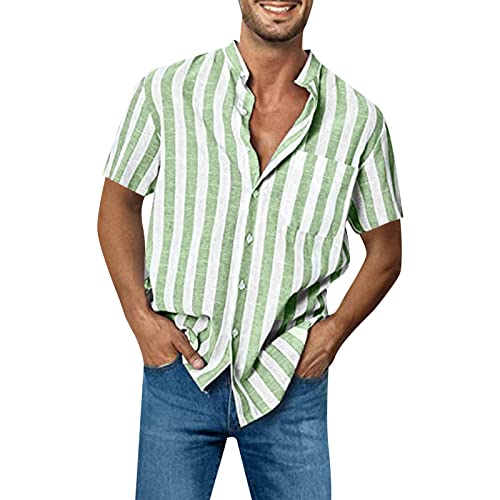 FNKDOR Leinenhemd für Herren Kurzarm Stehkragen Gestreift Sommerhemd Knöpfe Slim fit Freizeithemden Strandhemd Leinenshirt mit Brusttasche (Green, XXL) von FNKDOR