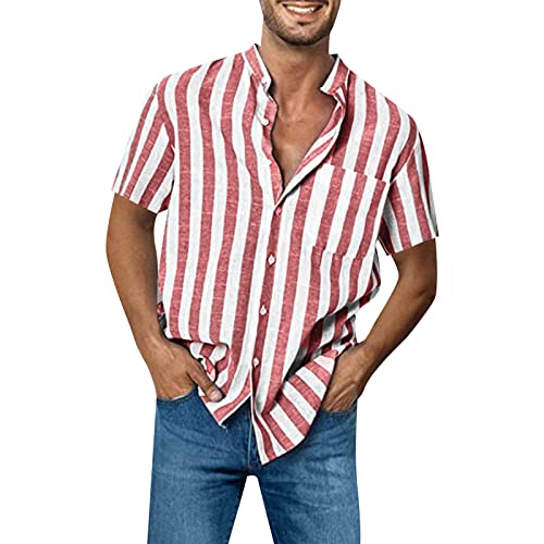 FNKDOR Leinenhemd für Herren Kurzarm Stehkragen Gestreift Sommerhemd Knöpfe Slim fit Freizeithemden Strandhemd Leinenshirt mit Brusttasche (Red, L) von FNKDOR