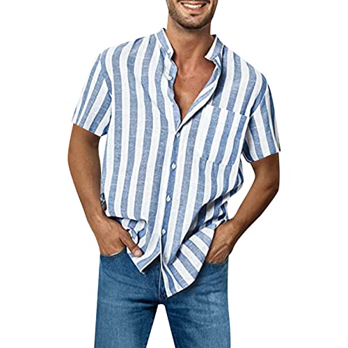 FNKDOR Leinenhemd für Herren Kurzarm Stehkragen Gestreift Sommerhemd Knöpfe Slim fit Freizeithemden Strandhemd Leinenshirt mit Brusttasche (Sky Blue, L) von FNKDOR