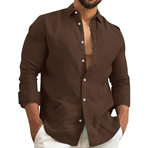 FNKDOR Leinenhemd für Herren Langarm Casual Sommerhemd Slim fit Revers Button Down Leinen Hemden Freizeithemden Shirts (Coffee, XXL) von FNKDOR