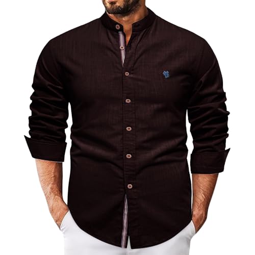 FNKDOR Leinenhemd für Herren Langarm Sommerhemd Stehkragen Slim fit Button Down Casual Leinen Hemd Freizeithemden Shirts (Black, M) von FNKDOR