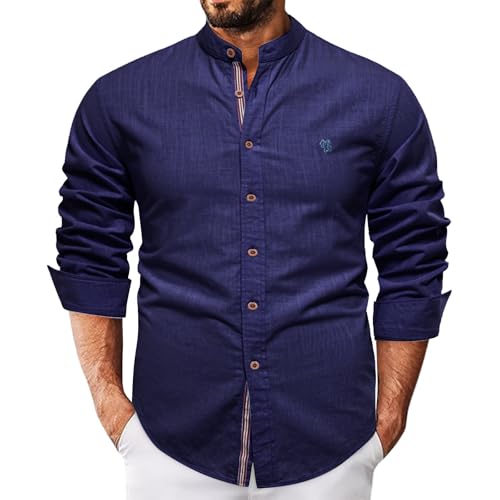 FNKDOR Leinenhemd für Herren Langarm Sommerhemd Stehkragen Slim fit Button Down Casual Leinen Hemd Freizeithemden Shirts (Blue, L) von FNKDOR