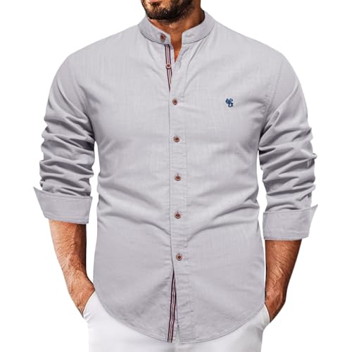 FNKDOR Leinenhemd für Herren Langarm Sommerhemd Stehkragen Slim fit Button Down Casual Leinen Hemd Freizeithemden Shirts (Grey, L) von FNKDOR