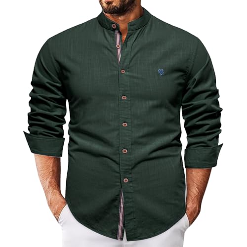 FNKDOR Leinenhemd für Herren Langarm Sommerhemd Stehkragen Slim fit Button Down Casual Leinen Hemd Freizeithemden Shirts (JN, XXL) von FNKDOR