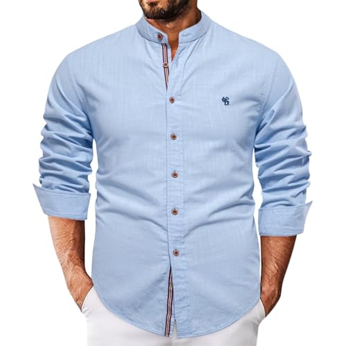 FNKDOR Leinenhemd für Herren Langarm Sommerhemd Stehkragen Slim fit Button Down Casual Leinen Hemd Freizeithemden Shirts (Light Blue, L) von FNKDOR