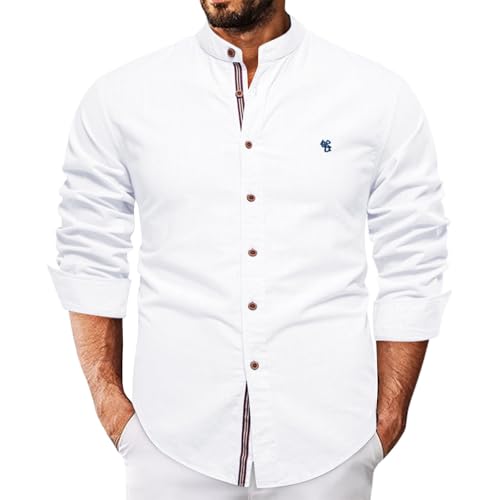FNKDOR Leinenhemd für Herren Langarm Sommerhemd Stehkragen Slim fit Button Down Casual Leinen Hemd Freizeithemden Shirts (White, L) von FNKDOR