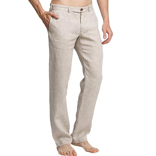 FNKDOR Leinenhose Herren Lange Leicht Sommerhose Elegant Slim fit Freizeithose für Männer Strandhose Urlaub Alltag (Khaki, XXXL) von FNKDOR