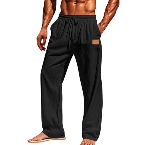 FNKDOR Leinenhose für Herren Lange Leicht Sommerhose Casual Weites Bein Locker Freizeithose für Männer Strandhose Urlaub Alltag (Black, L) von FNKDOR