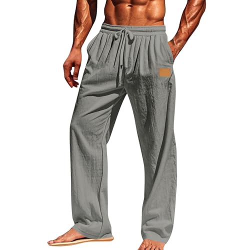 FNKDOR Leinenhose für Herren Lange Leicht Sommerhose Casual Weites Bein Locker Freizeithose für Männer Strandhose Urlaub Alltag (Grey, XXL) von FNKDOR