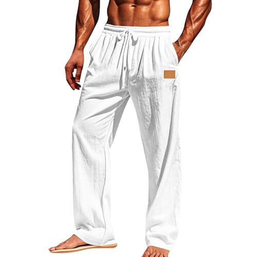 FNKDOR Leinenhose für Herren Lange Leicht Sommerhose Casual Weites Bein Locker Freizeithose für Männer Strandhose Urlaub Alltag (White, XXL) von FNKDOR