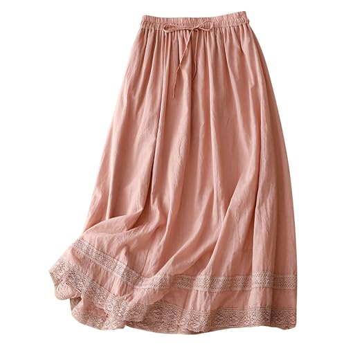 FNKDOR Leinenrock Damen Langer Faltenrock Sommerrock A-Linien Midi Rock mit Spitzen-Stickerei und Elastischer Bund (Pink, M) von FNKDOR