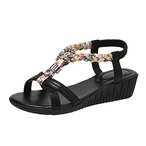 FNKDOR Mit Juwelen verzierte böhmische dehnbare Riemen Riemchensandalen Keilsandalen für Damen von FNKDOR