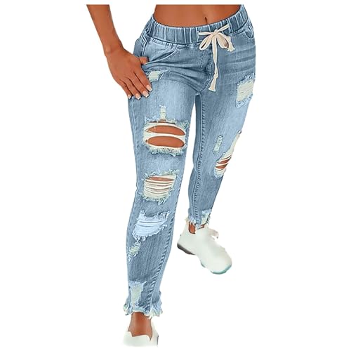 FNKDOR Mom Jeans Damen Low Waist Slim fit Zerrissene Löchern Skinny Jeanshose mit Gummiband und Kordelzug (Blue, S) von FNKDOR