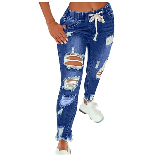 FNKDOR Mom Jeans Damen Low Waist Slim fit Zerrissene Löchern Skinny Jeanshose mit Gummiband und Kordelzug (Dark Blue, XXL) von FNKDOR