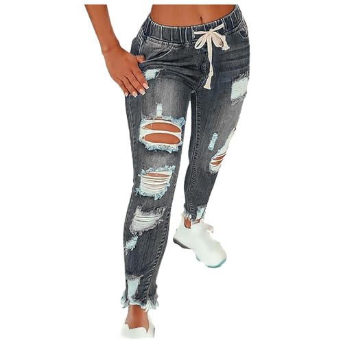 FNKDOR Mom Jeans Damen Low Waist Slim fit Zerrissene Löchern Skinny Jeanshose mit Gummiband und Kordelzug (Grey, S) von FNKDOR