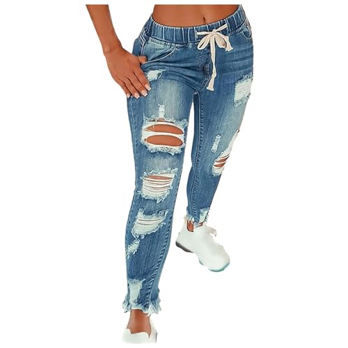 FNKDOR Mom Jeans Damen Low Waist Slim fit Zerrissene Löchern Skinny Jeanshose mit Gummiband und Kordelzug (Light Blue, S) von FNKDOR