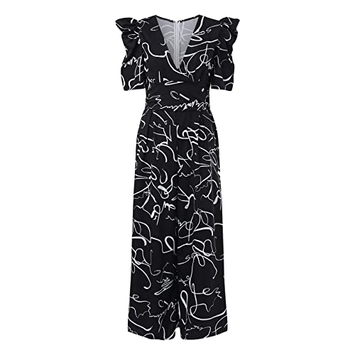 FNKDOR Muster Jumpsuit Damen Elegant Sommer V-Ausschnitt Kurzarm Hohe Taille Overalls Puffärmel Weites Bein Romper von FNKDOR