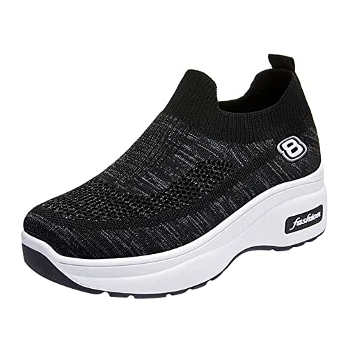 FNKDOR Ohne Schnürsenkel Keilabsatz Sneaker Damen Plateau Turnschuhe Schlupfschuhe Atmungsaktiv Slip On Sportschuhe (Black, 38) von FNKDOR