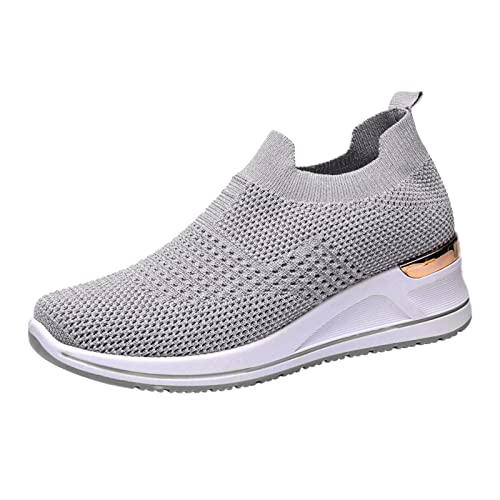 FNKDOR Ohne Schnürsenkel Sneaker Damen Hoch Keilabsatz Turnschuhe Atmungsaktiv Mesh rutschfest Laufschuhe Slip On Fitness Sportschuhe (Gray, 37) von FNKDOR