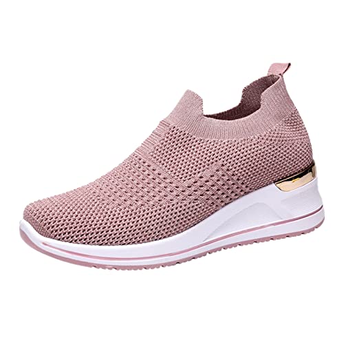 FNKDOR Ohne Schnürsenkel Sneaker Damen Hoch Keilabsatz Turnschuhe Atmungsaktiv Mesh rutschfest Laufschuhe Slip On Fitness Sportschuhe (Pink, 37) von FNKDOR