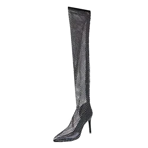 FNKDOR Overknees/Kurzschaft Stiefel Damen mit Stiletto Nachtclub Sexy Strass High Heels Mesh Netzstrumpfstiefel Schlupfstiefel Schwarz#1 41 von FNKDOR