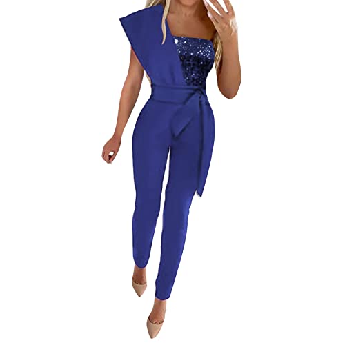 FNKDOR Pailletten Schlicht Jumpsuit Damen Elegant Sommer One Shoulder Overalls Tapered Romper mit Gürtel von FNKDOR