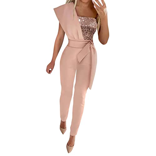 FNKDOR Pailletten Schlicht Jumpsuit Damen Elegant Sommer One Shoulder Overalls Tapered Romper mit Gürtel von FNKDOR