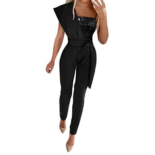 FNKDOR Pailletten Schlicht Jumpsuit Damen Elegant Sommer One Shoulder Overalls Tapered Romper mit Gürtel von FNKDOR