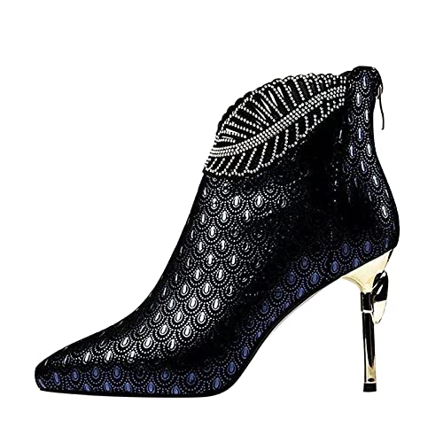 FNKDOR Paisley Strass Blätter Stiefeletten Damen mit Stiletto Absatz Trendy Elegant Spitz Booties mit Hinter Zipper Blau 38 von FNKDOR