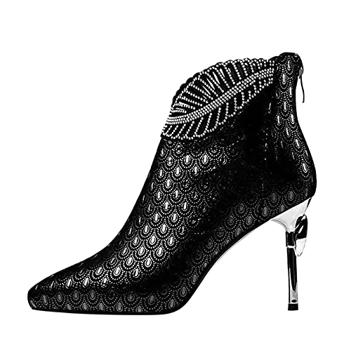 FNKDOR Paisley Strass Blätter Stiefeletten Damen mit Stiletto Absatz Trendy Elegant Spitz Booties mit Hinter Zipper Schwarz 39 von FNKDOR