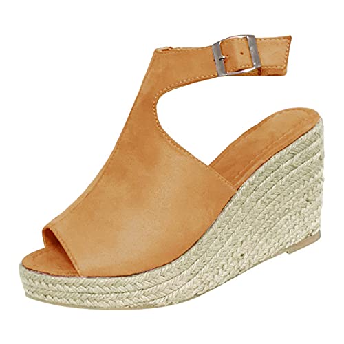 FNKDOR Peep Toe Keilabsatz Sandalen Damen Sommer Leder Geflochten Römersandalen mit Slingback Schnalle Khaki 39 von FNKDOR