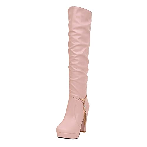 FNKDOR Perlen Fransen Overknees Stiefel Damen Sexy mit Hohem Absatz Leder Elegant Schlupfstiefel Langschaftstiefel Rosa 38 von FNKDOR