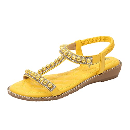 FNKDOR Perlen Strass Flach Sandalen Damen mit Absatz Comfort T-spangen Slingback Boho Sandaletten Gelb 41 von FNKDOR