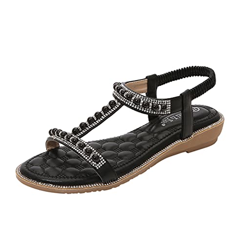 FNKDOR Perlen Strass Flach Sandalen Damen mit Absatz Comfort T-spangen Slingback Boho Sandaletten Schwarz 41 von FNKDOR