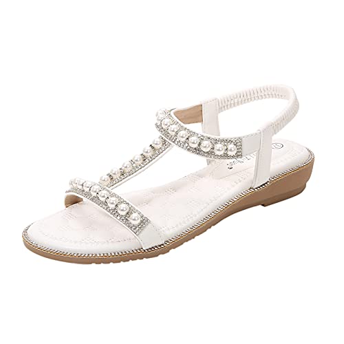 FNKDOR Perlen Strass Flach Sandalen Damen mit Absatz Comfort T-spangen Slingback Boho Sandaletten Weiß 38 von FNKDOR