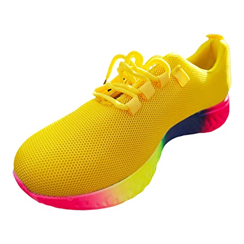 FNKDOR Plateau Sneaker Damen Modisch Bunte Sohle Sportschuhe Lace up Bequeme Atmungsaktiv Leichte Laufschuhe (Yellow, 38) von FNKDOR