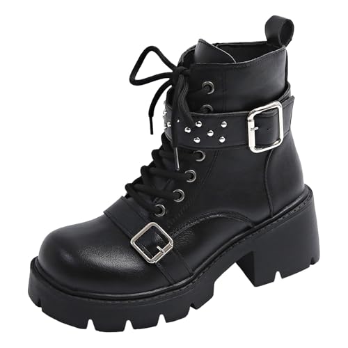 FNKDOR Plateau Stiefeletten Damen mit Absatz Strass Runde Form Bikerstiefel Schnürstiefeletten Kurzstiefel Herbststiefel (Black, 38) von FNKDOR