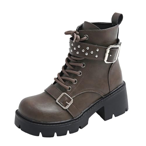 FNKDOR Plateau Stiefeletten Damen mit Absatz Strass Runde Form Bikerstiefel Schnürstiefeletten Kurzstiefel Herbststiefel (Coffee, 39) von FNKDOR
