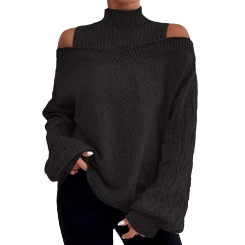FNKDOR Pullover Damen Rollkragenpullover Cut Out Strickpullover Fall Winterpullover Casual Locker Turtleneck Sweater (Black, XXL) von FNKDOR