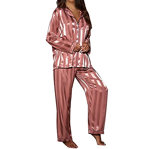 FNKDOR Pyjama Damen Winter Set Satin Schlafanzug Damen Lang Glitzer Knöpfe Oberteile (Hot Pink, XL) von FNKDOR