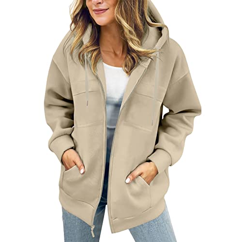 FNKDOR Reißverschluss Sweatjacke Damen mit Kapuze Große Größen Brusttasche Zipper Hoodie Kapuzenjacke Sweatshirtjacke (Khaki, L) von FNKDOR