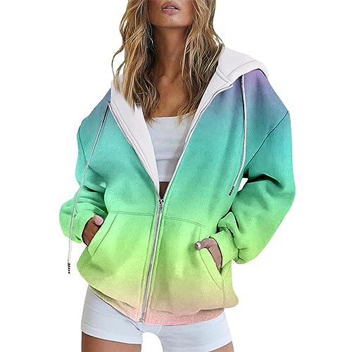 FNKDOR Reißverschluss Sweatjacke Damen mit Kapuze Große Größen Farbverlauf Zipper Hoodie Kapuzenjacke Sweatshirtjacke (I, XL) von FNKDOR