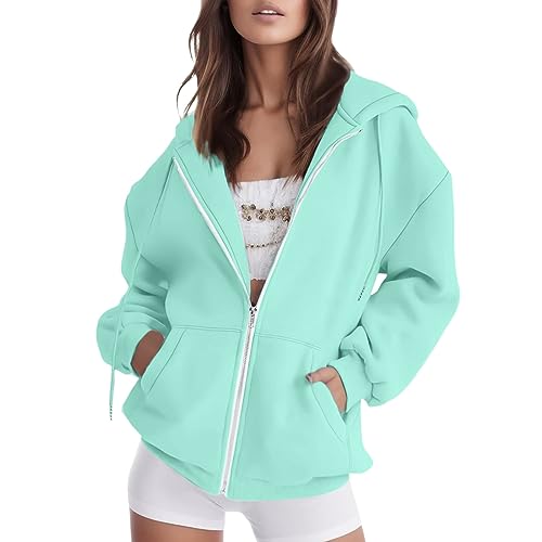 FNKDOR Reißverschluss Sweatjacke Damen mit Kapuze Große Größen Zipper Hoodie Kordelzug Kapuzenjacke Sweatshirtjacke (Green, XL) von FNKDOR