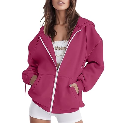 FNKDOR Reißverschluss Sweatjacke Damen mit Kapuze Große Größen Zipper Hoodie Kordelzug Kapuzenjacke Sweatshirtjacke (Hot Pink, XXL) von FNKDOR